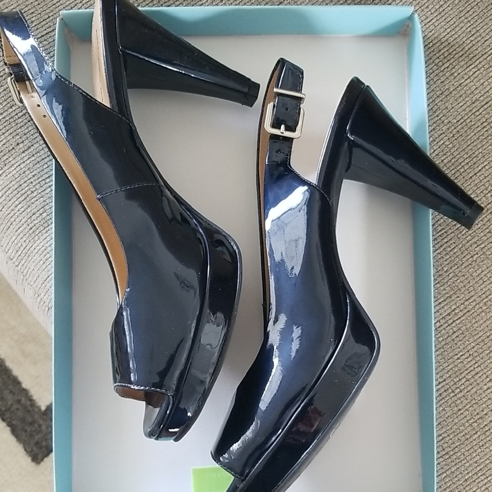 ANTONIO MELANI Navy Patent Peep-Toe Slingback Heels - Picture 2 of 3